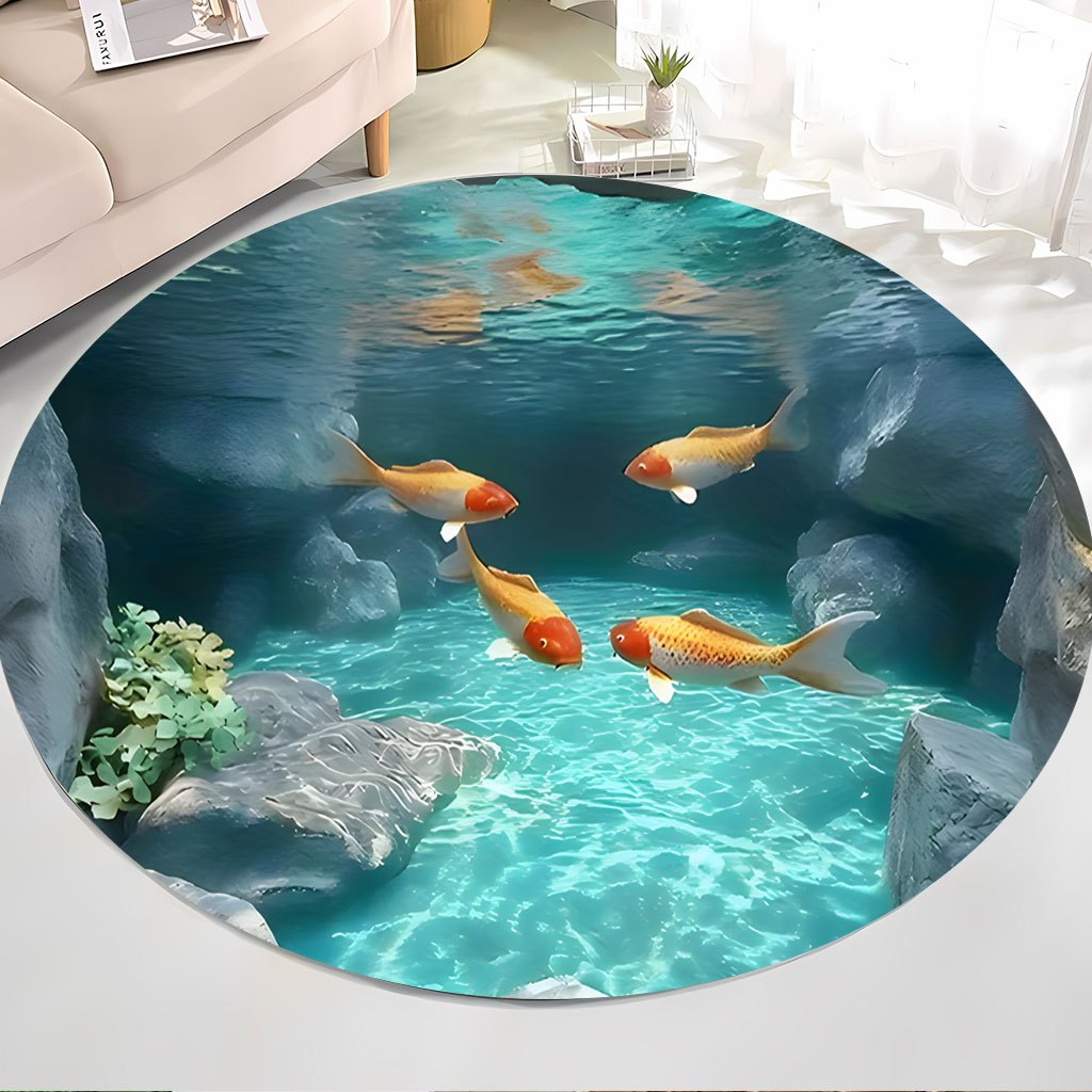 Aquarium Fish Japanese - Koi Fish Pond Round Rug Fleece